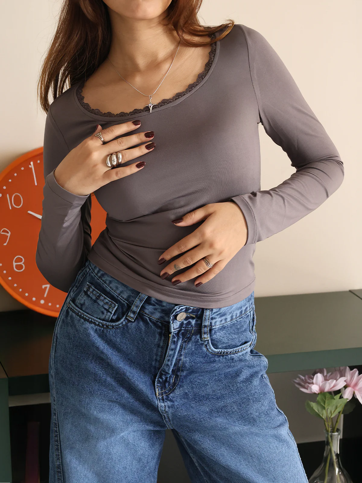 Dark Grey Scoop Neck Long Sleeve Lace Trim Slim Fit Top - Image 5