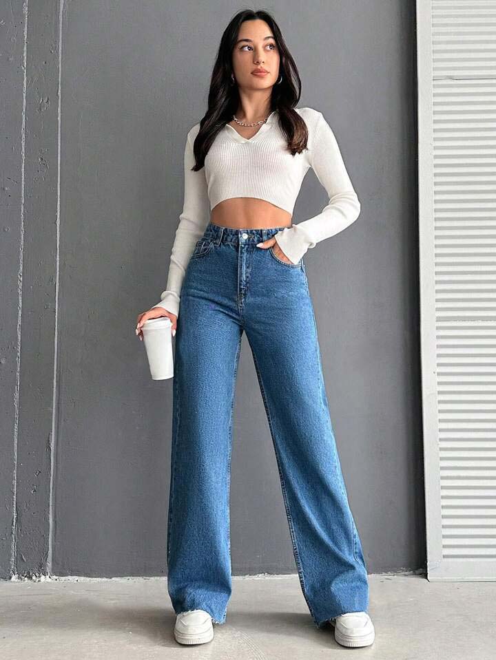 Stone Blue Raw Hem Straight Leg Jeans - Image 4